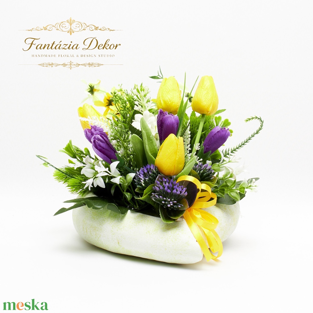 Tavaszi tulipános asztaldísz sárga-lila színekben � kézműves virágkompozíció - otthon & életmód - dekoráció - asztal és polc dekoráció - asztaldísz - Meska.hu