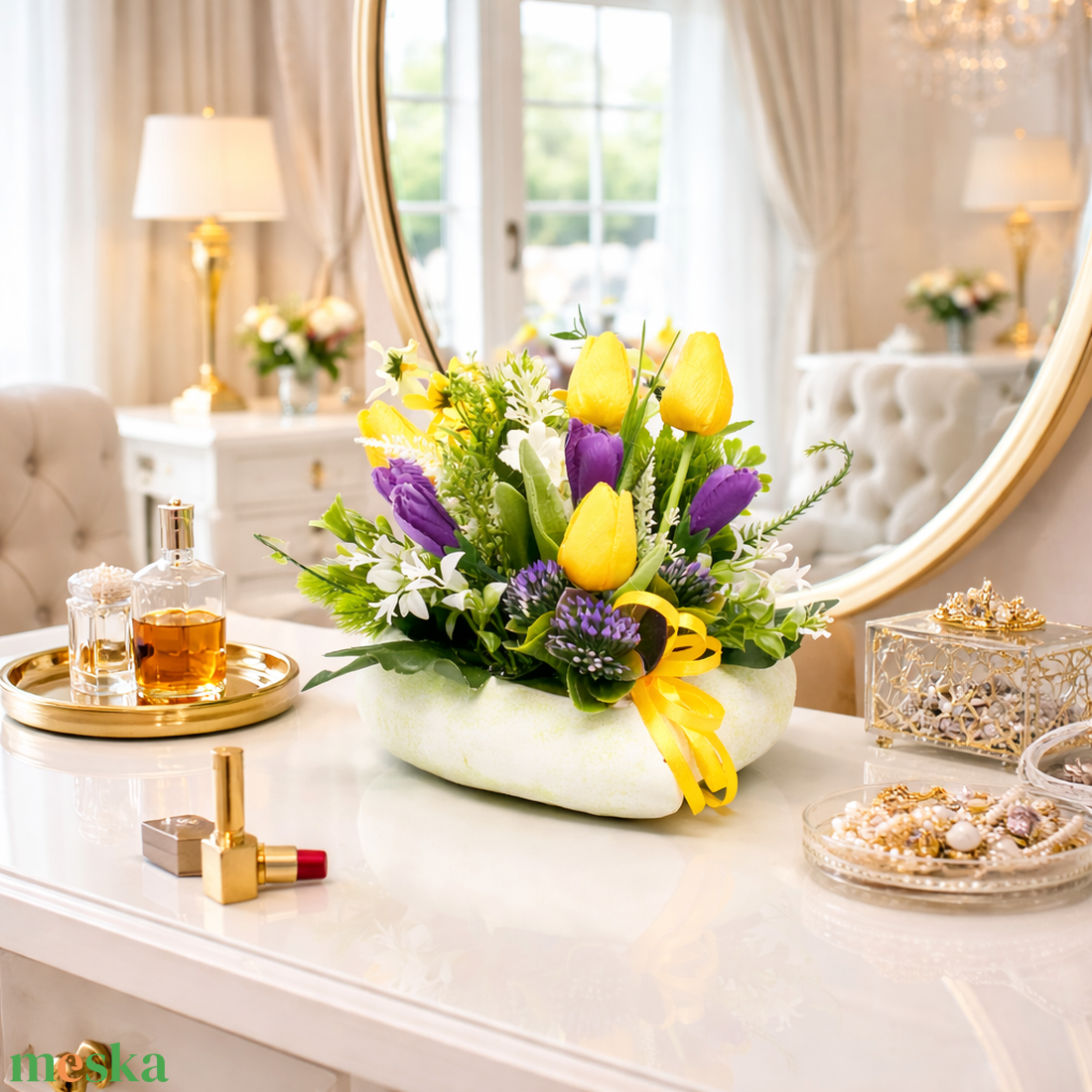 Tavaszi tulipános asztaldísz sárga-lila színekben � kézműves virágkompozíció - otthon & életmód - dekoráció - asztal és polc dekoráció - asztaldísz - Meska.hu