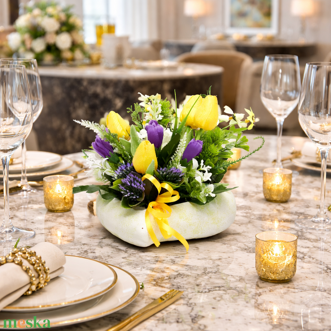 Tavaszi tulipános asztaldísz sárga-lila színekben � kézműves virágkompozíció - otthon & életmód - dekoráció - asztal és polc dekoráció - asztaldísz - Meska.hu