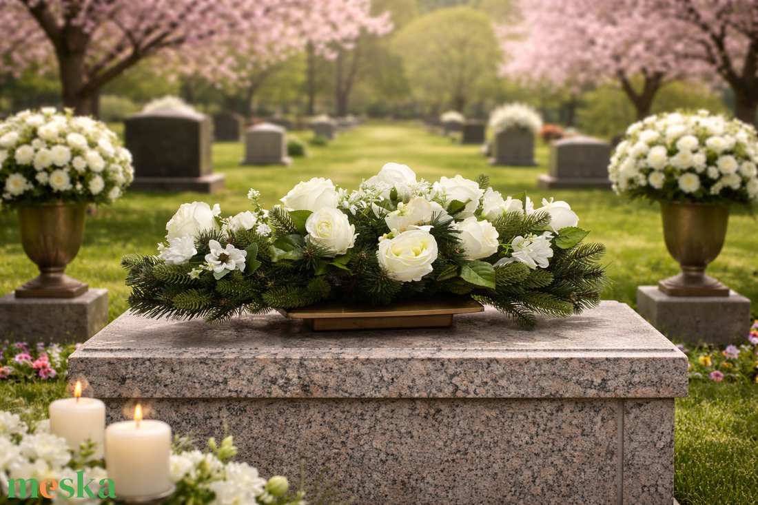  3D fenyővel kombinált, fehér rózsás kegyeleti dísz  - otthon & életmód - vallás - temetkezési tárgy - sírdísz, kegyeleti dísz - Meska.hu