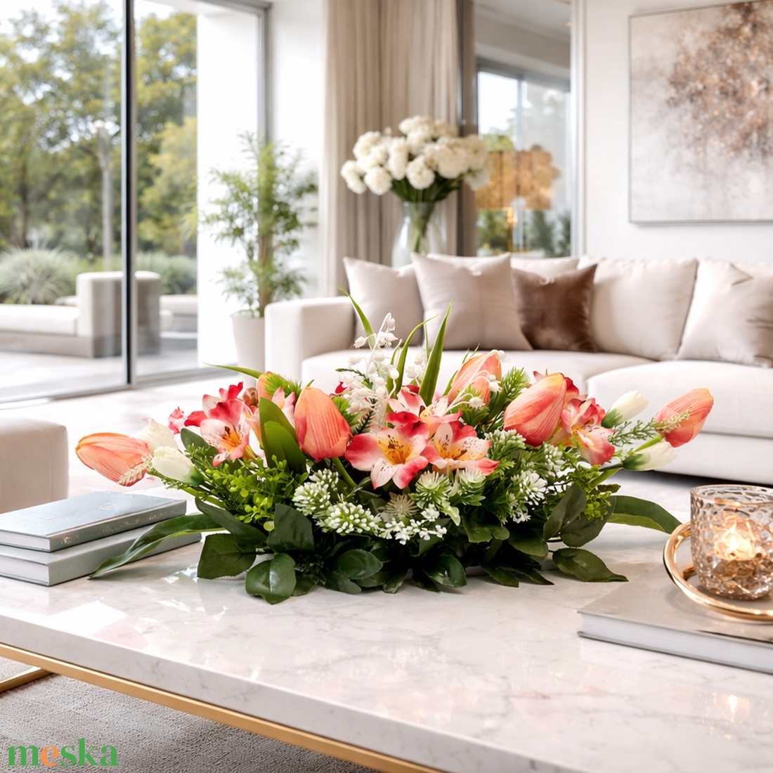 Elegáns tavaszi asztaldísz barack és fehér virágokkal � modern, kézzel készített dekor - otthon & életmód - dekoráció - asztal és polc dekoráció - asztaldísz - Meska.hu