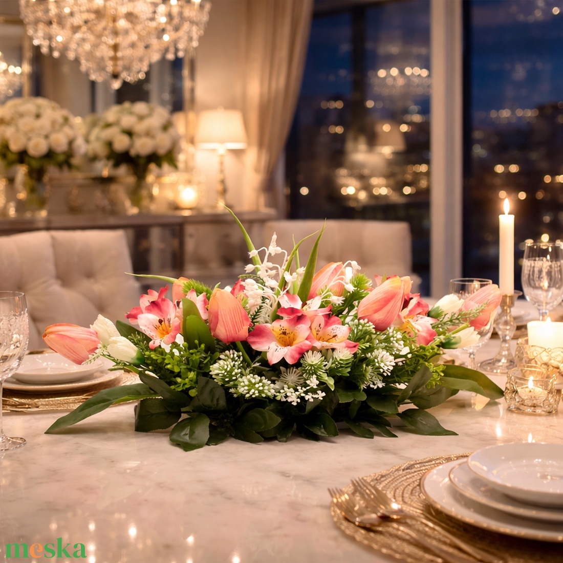 Elegáns tavaszi asztaldísz barack és fehér virágokkal � modern, kézzel készített dekor - otthon & életmód - dekoráció - asztal és polc dekoráció - asztaldísz - Meska.hu