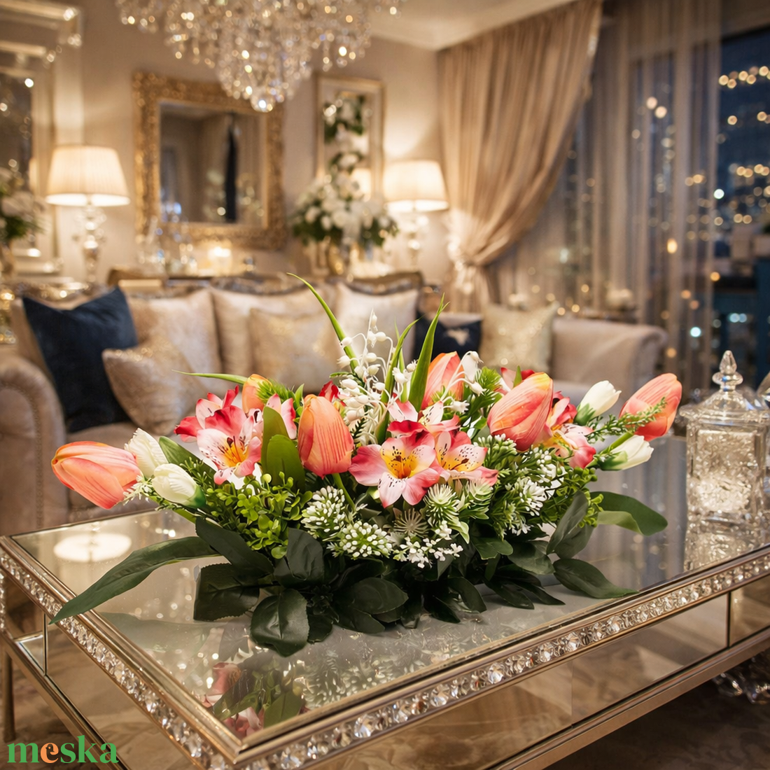 Elegáns tavaszi asztaldísz barack és fehér virágokkal � modern, kézzel készített dekor - otthon & életmód - dekoráció - asztal és polc dekoráció - asztaldísz - Meska.hu