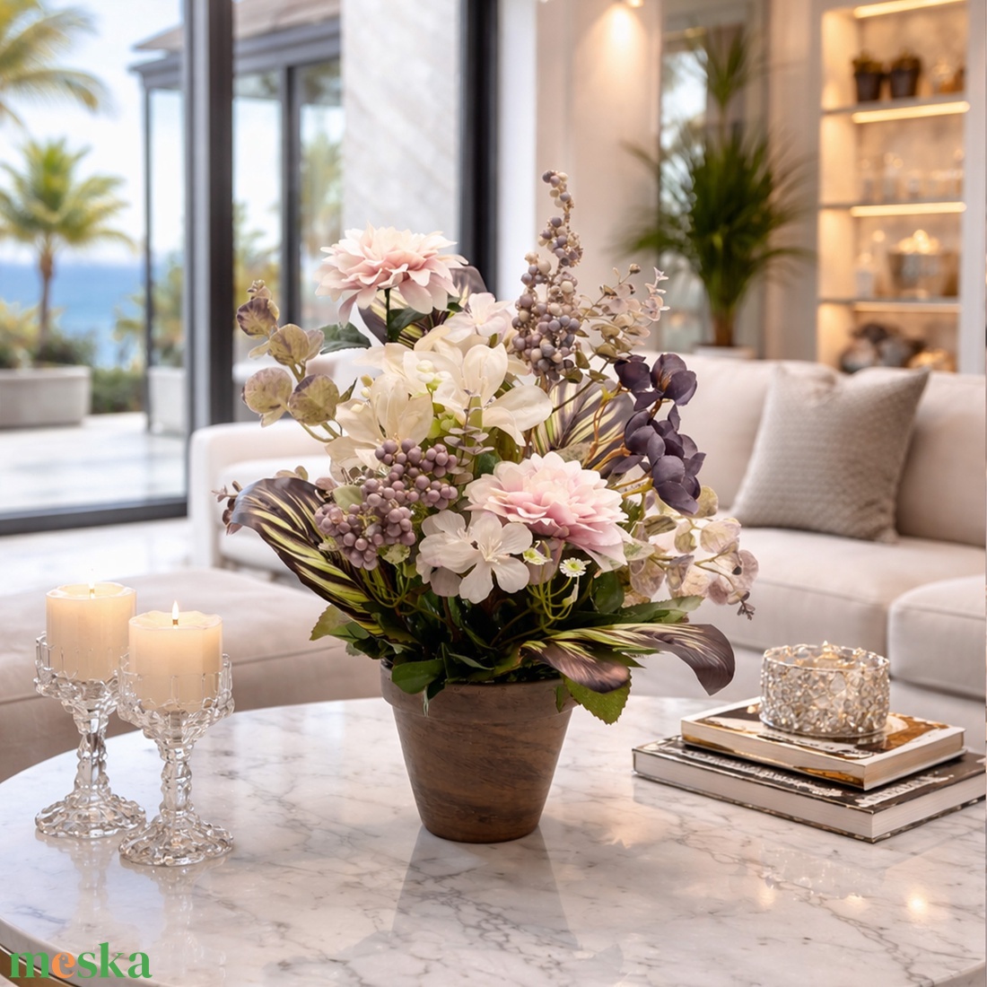Elegáns virágkompozíció púder és lila árnyalatokkal � romantikus kézműves dekor - otthon & életmód - dekoráció - asztal és polc dekoráció - asztaldísz - Meska.hu