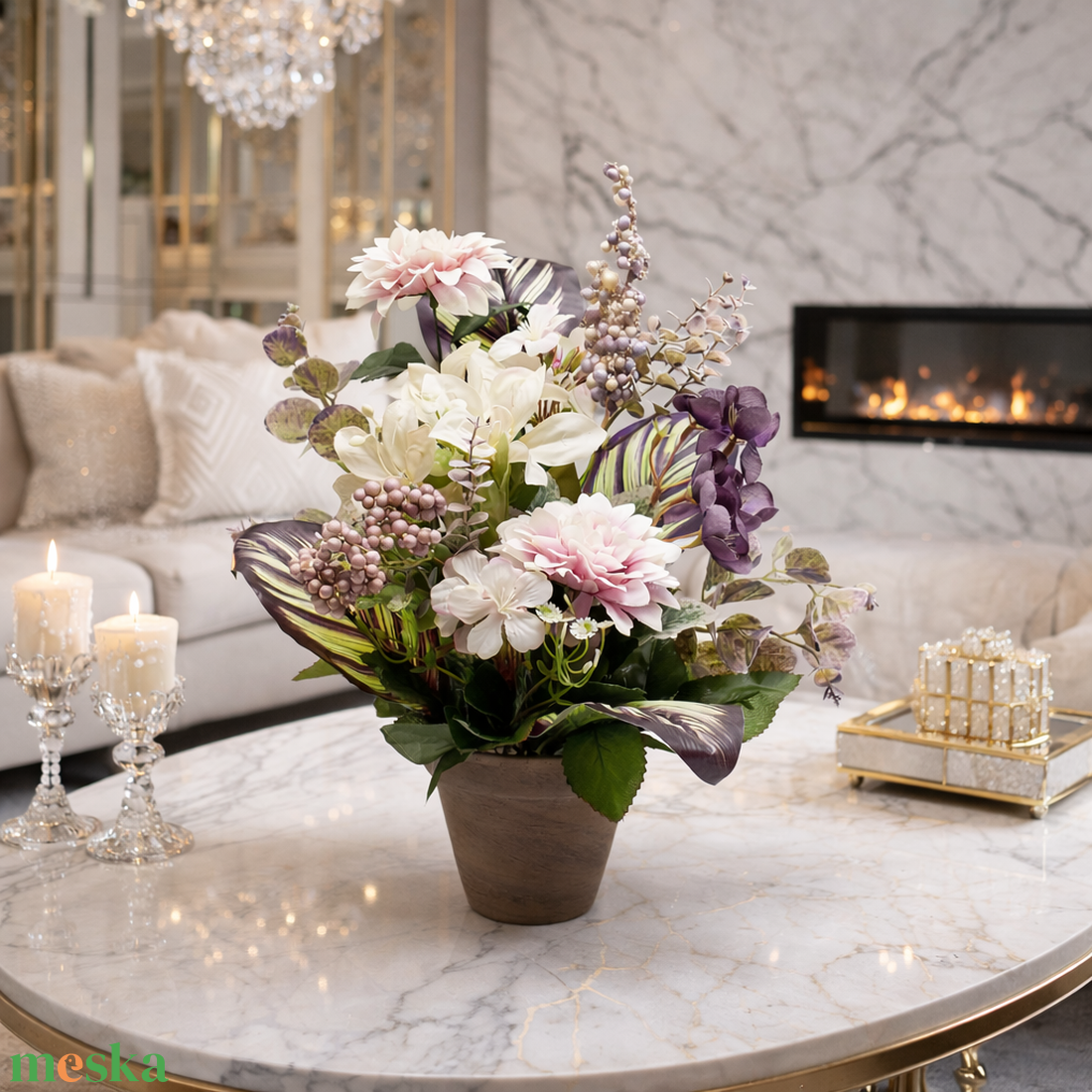 Elegáns virágkompozíció púder és lila árnyalatokkal � romantikus kézműves dekor - otthon & életmód - dekoráció - asztal és polc dekoráció - asztaldísz - Meska.hu