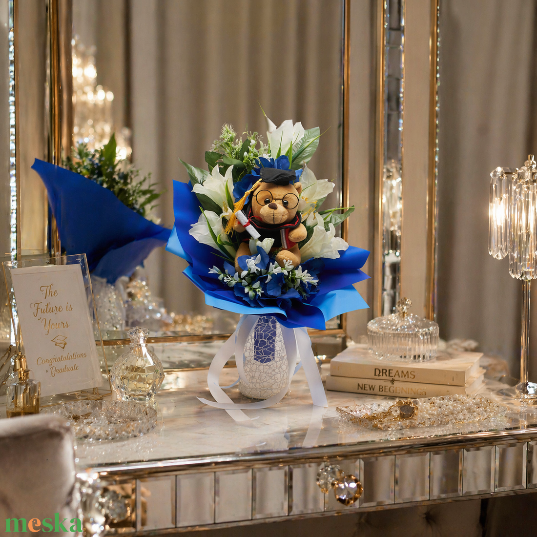 �� Ballagási csokor macival � elegáns kék-fehér összeállítás �� - otthon & életmód - virágdekoráció - virágok - virágcsokor - Meska.hu