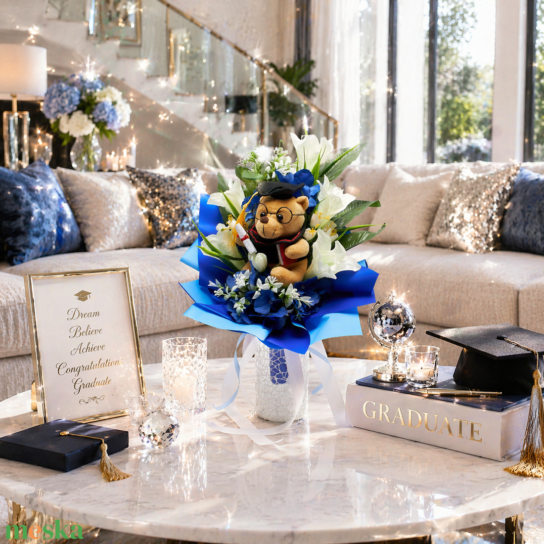 �� Ballagási csokor macival � elegáns kék-fehér összeállítás �� - otthon & életmód - virágdekoráció - virágok - virágcsokor - Meska.hu