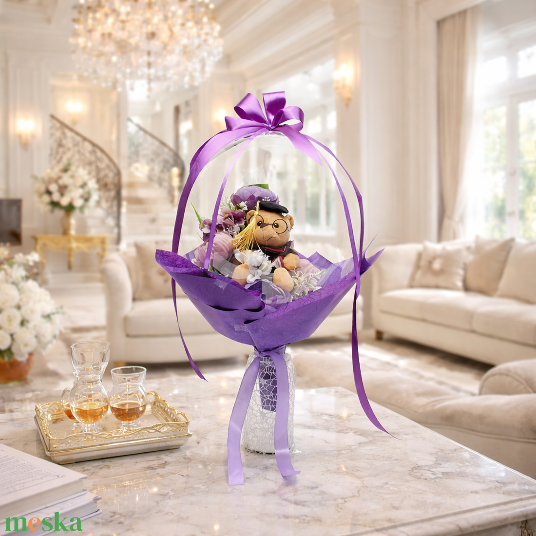 �� Ballagási macis ajándék � lufiban, lila eleganciában - otthon & életmód - virágdekoráció - virágok - virágcsokor - Meska.hu