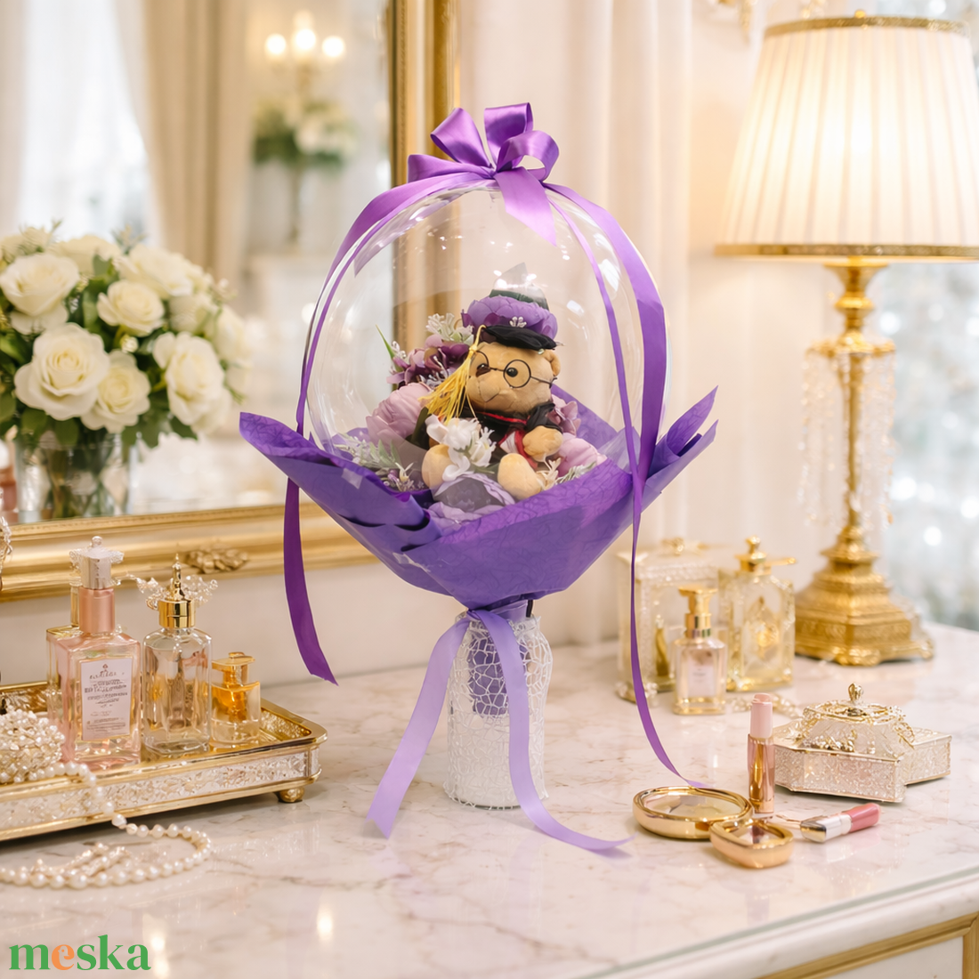 �� Ballagási macis ajándék � lufiban, lila eleganciában - otthon & életmód - virágdekoráció - virágok - virágcsokor - Meska.hu