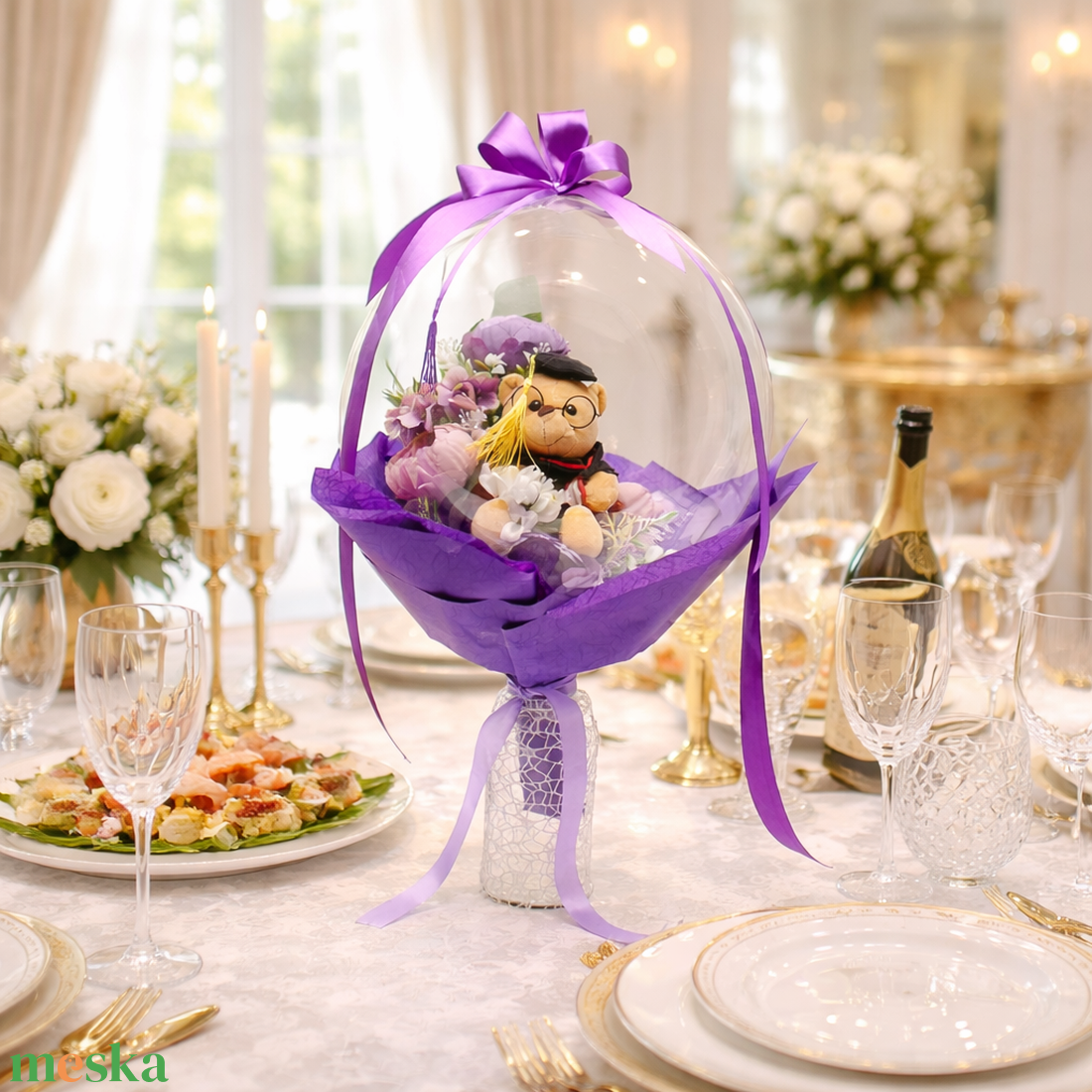 �� Ballagási macis ajándék � lufiban, lila eleganciában - otthon & életmód - virágdekoráció - virágok - virágcsokor - Meska.hu