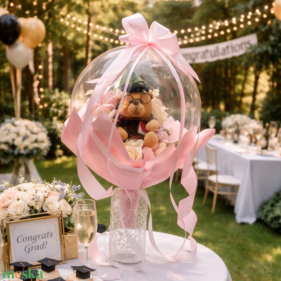  Ballagási macis virágcsokor lufiban ��   - otthon & életmód - virágdekoráció - virágok - virágcsokor - Meska.hu