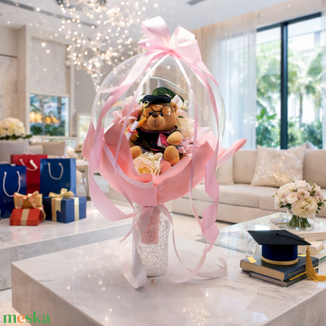  Ballagási macis virágcsokor lufiban ��   - otthon & életmód - virágdekoráció - virágok - virágcsokor - Meska.hu