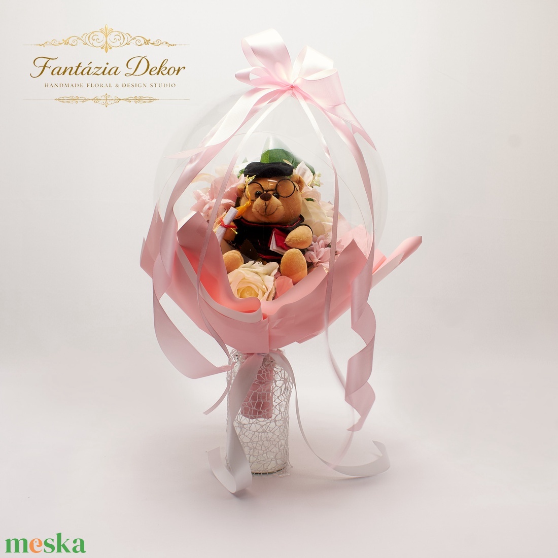  Ballagási macis virágcsokor lufiban ��   - otthon & életmód - virágdekoráció - virágok - virágcsokor - Meska.hu
