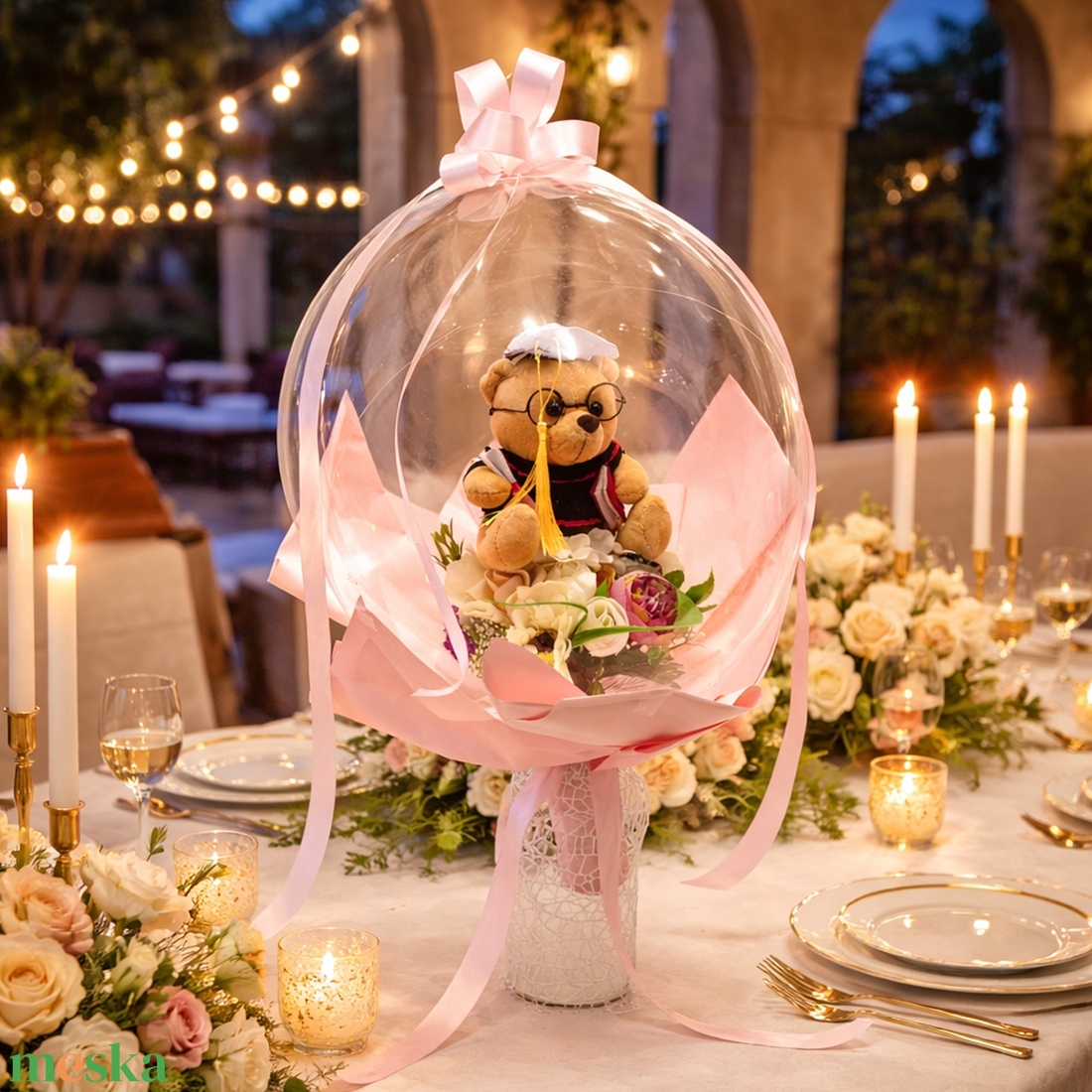  Ballagási macis virágcsokor lufiban ��   - otthon & életmód - virágdekoráció - virágok - virágcsokor - Meska.hu