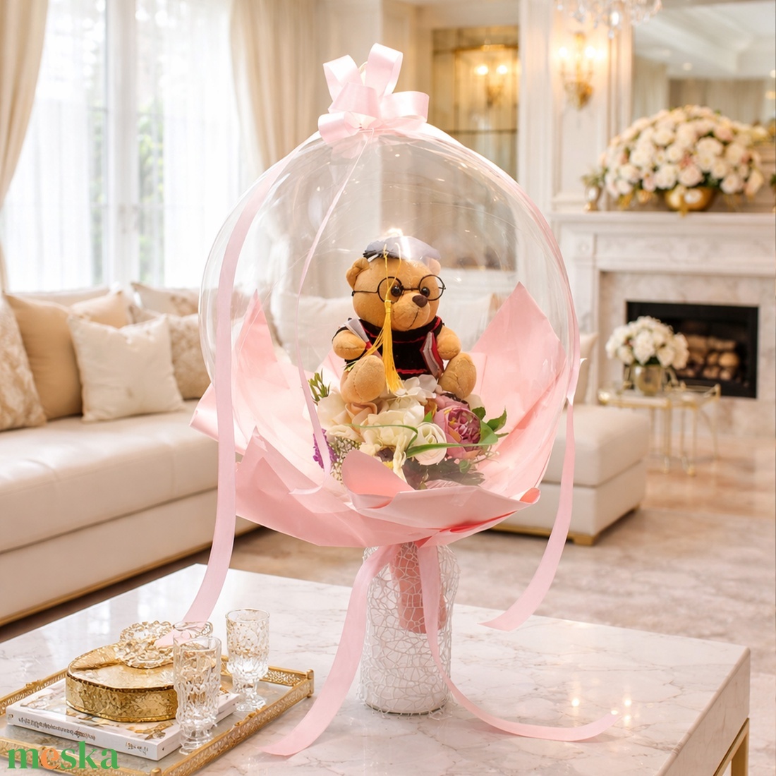  Ballagási macis virágcsokor lufiban ��   - otthon & életmód - virágdekoráció - virágok - virágcsokor - Meska.hu