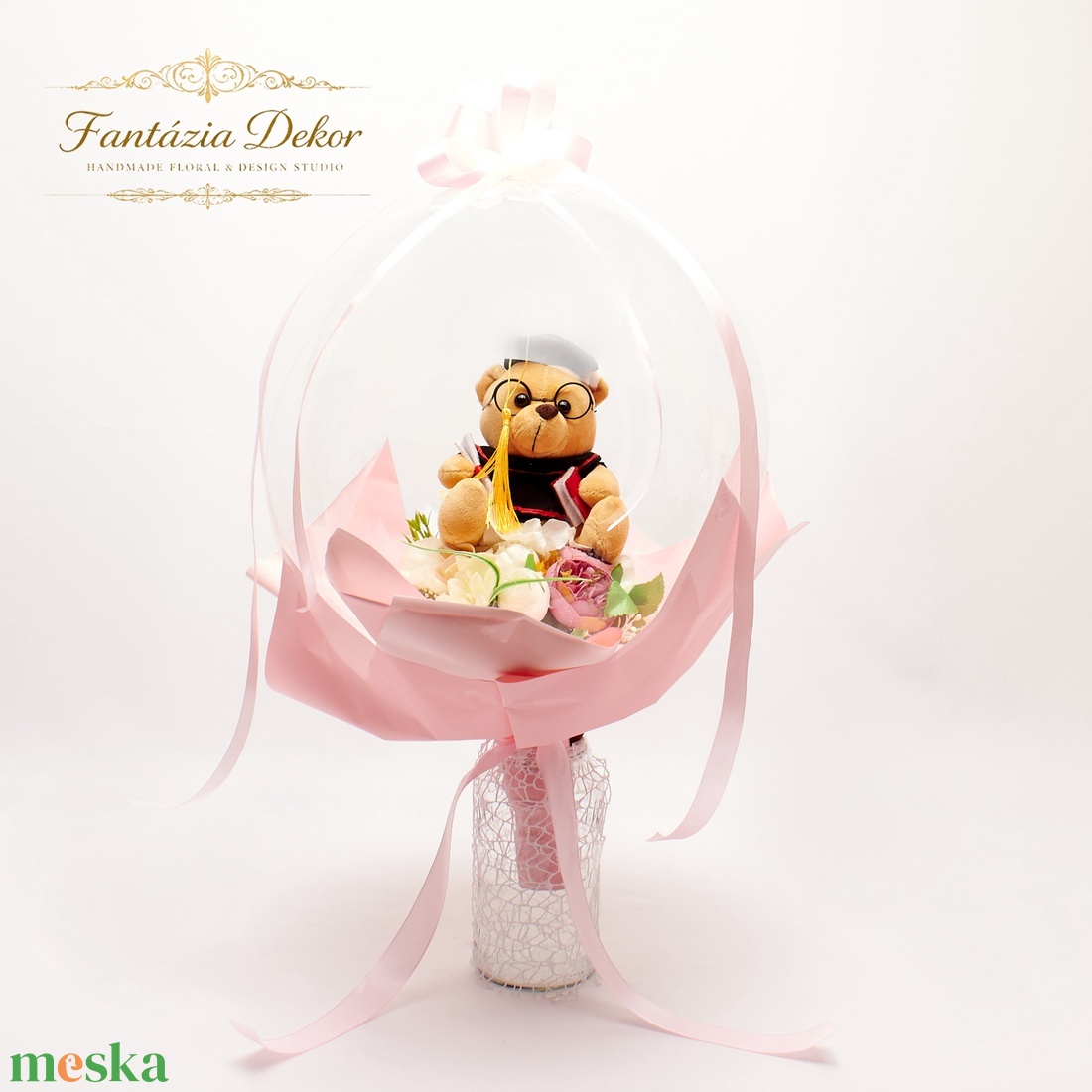  Ballagási macis virágcsokor lufiban ��   - otthon & életmód - virágdekoráció - virágok - virágcsokor - Meska.hu