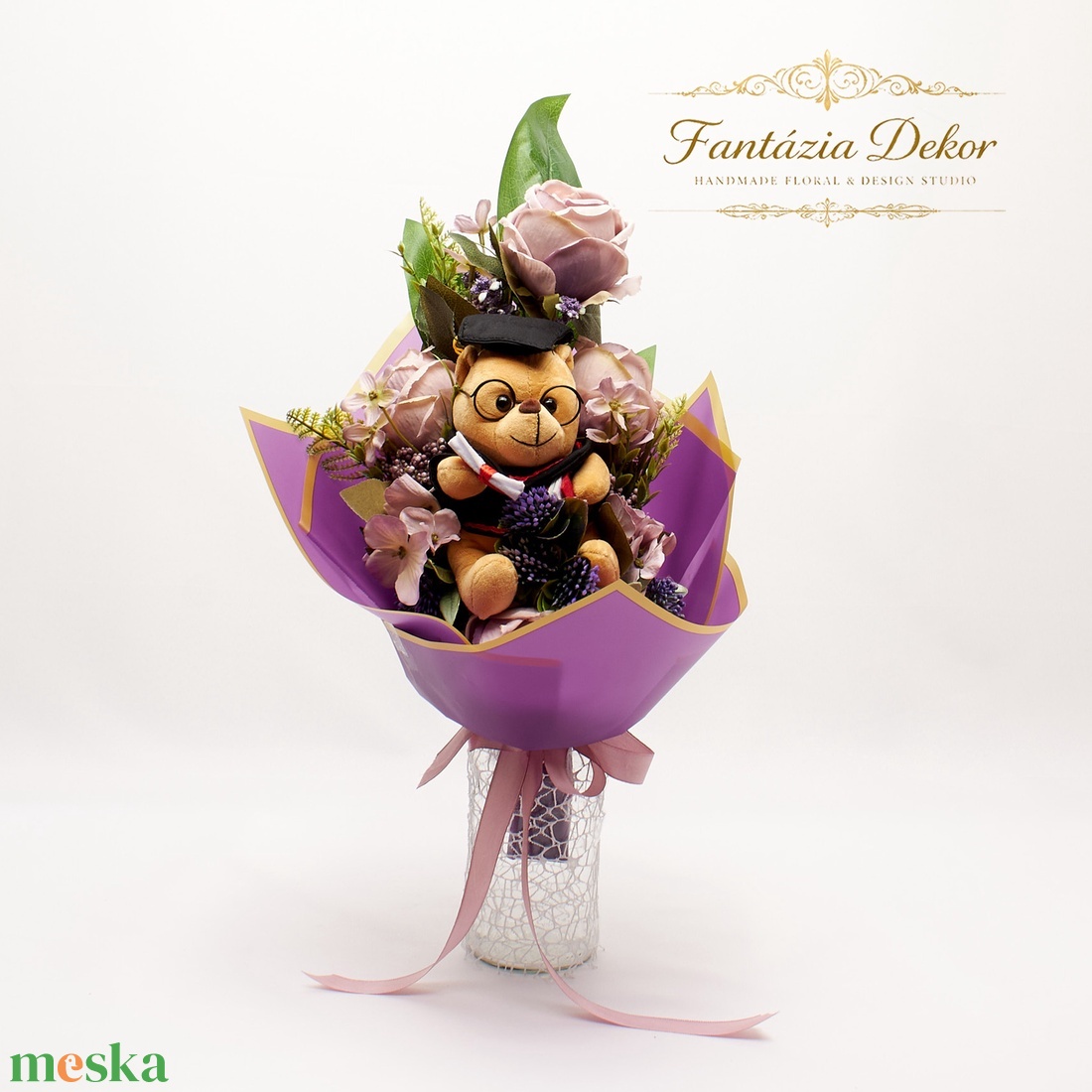 �� Ballagási virágcsokor diplomás plüss macival � elegáns, egyedi ajándék �� - otthon & életmód - virágdekoráció - virágok - virágcsokor - Meska.hu