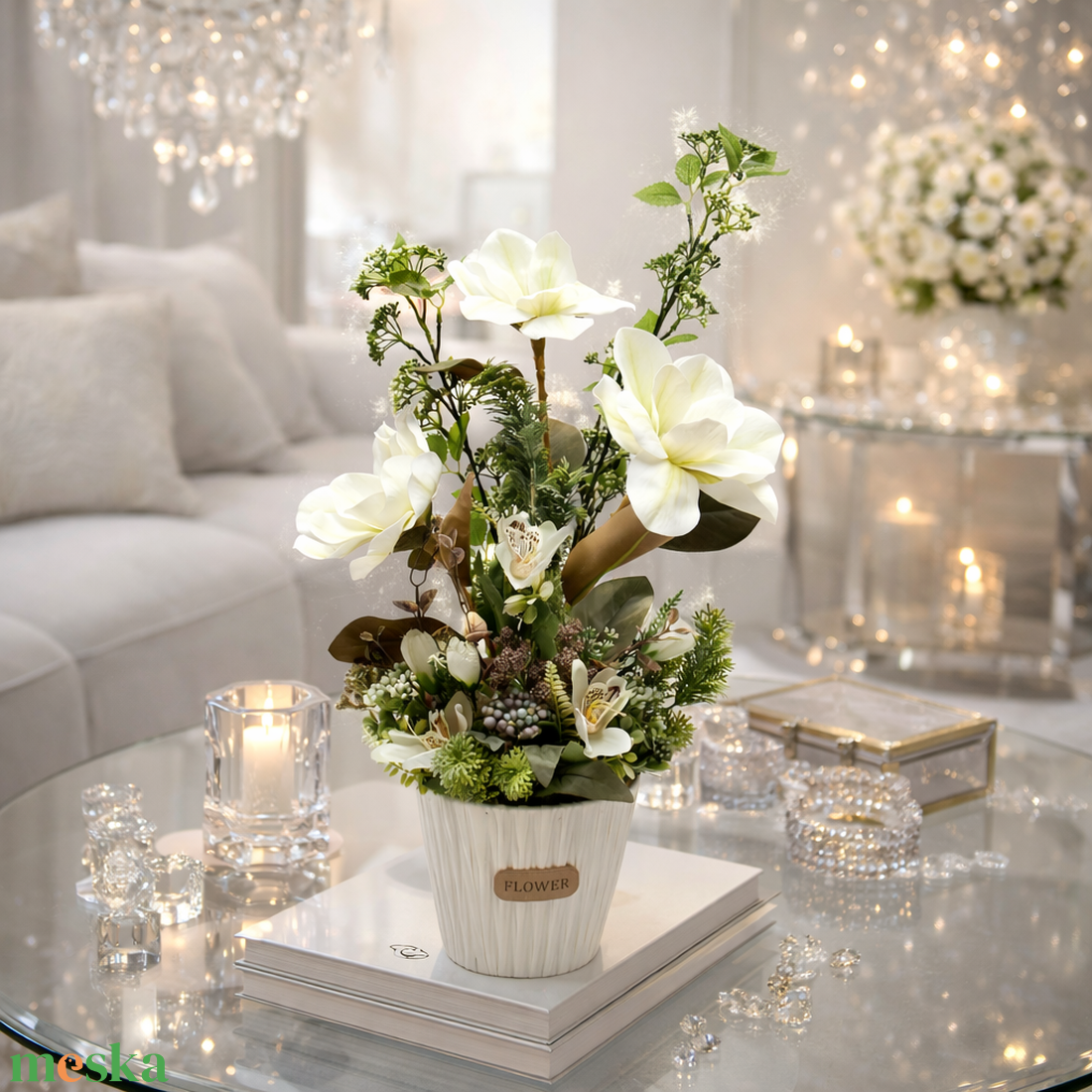  Fehér virágos asztaldísz  - otthon & életmód - virágdekoráció - virágdíszek - virágdísz kaspóban - Meska.hu