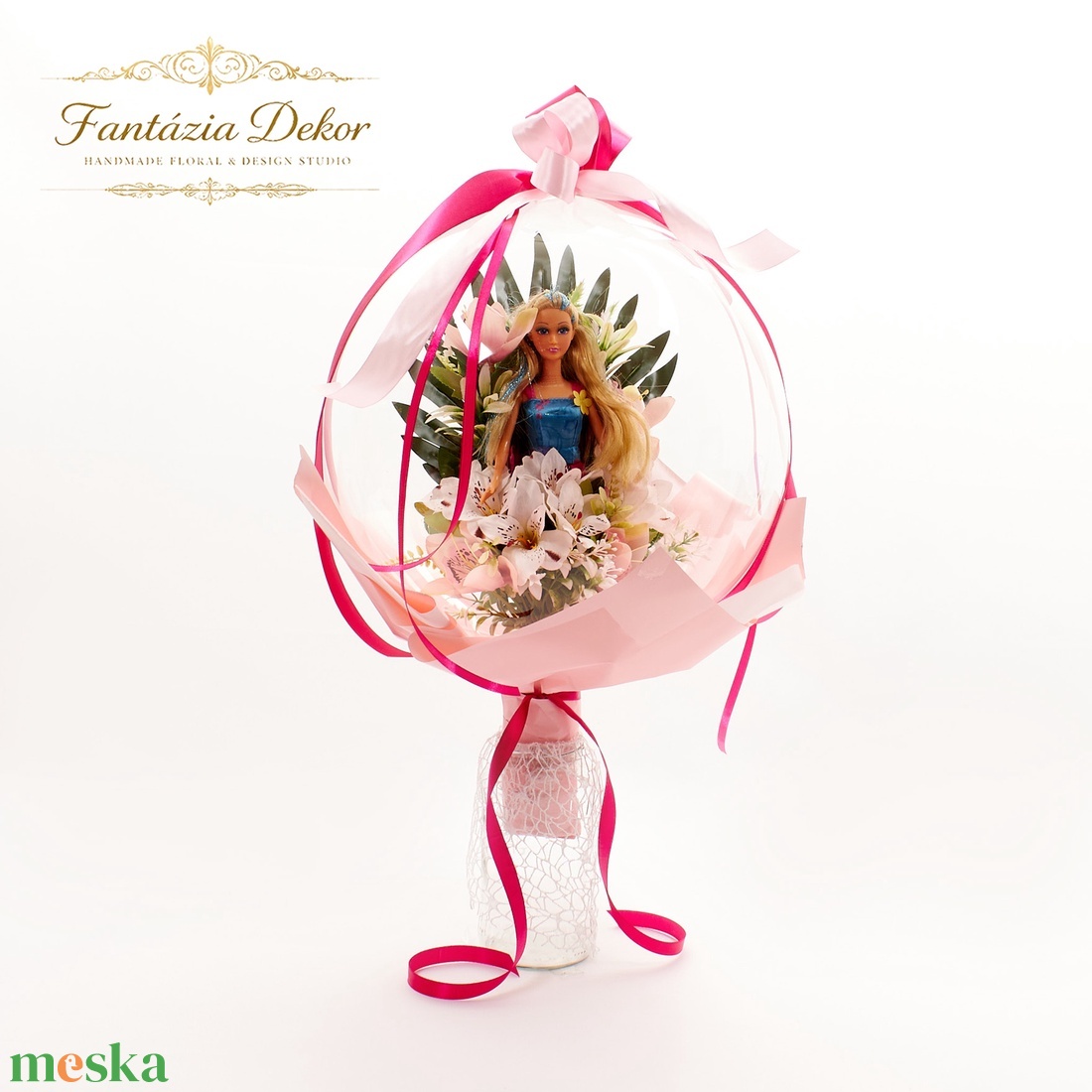 Ovis ballagási Barbie csokor lufiban ��� - otthon & életmód - virágdekoráció - virágok - virágcsokor - Meska.hu