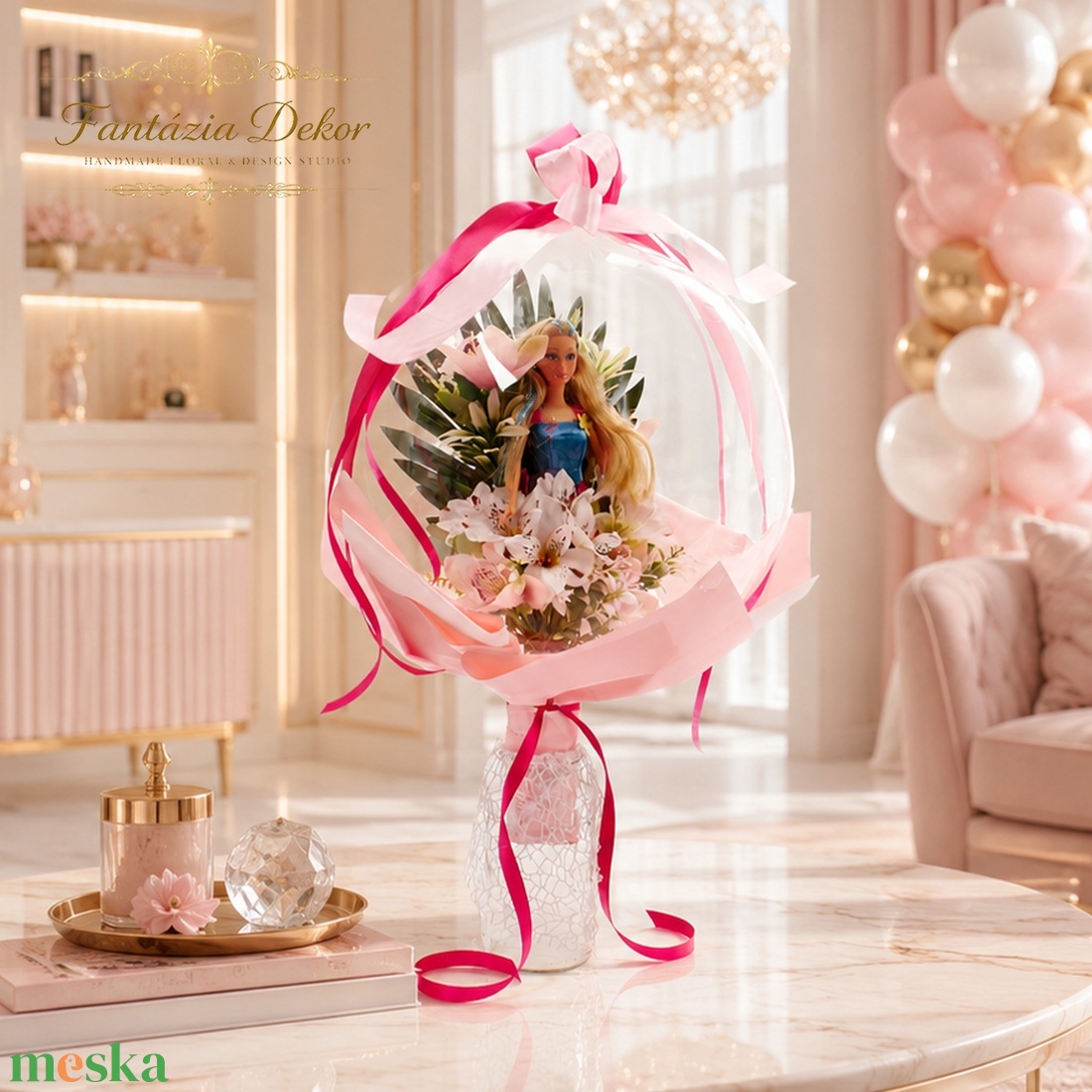 Ovis ballagási Barbie csokor lufiban ��� - otthon & életmód - virágdekoráció - virágok - virágcsokor - Meska.hu