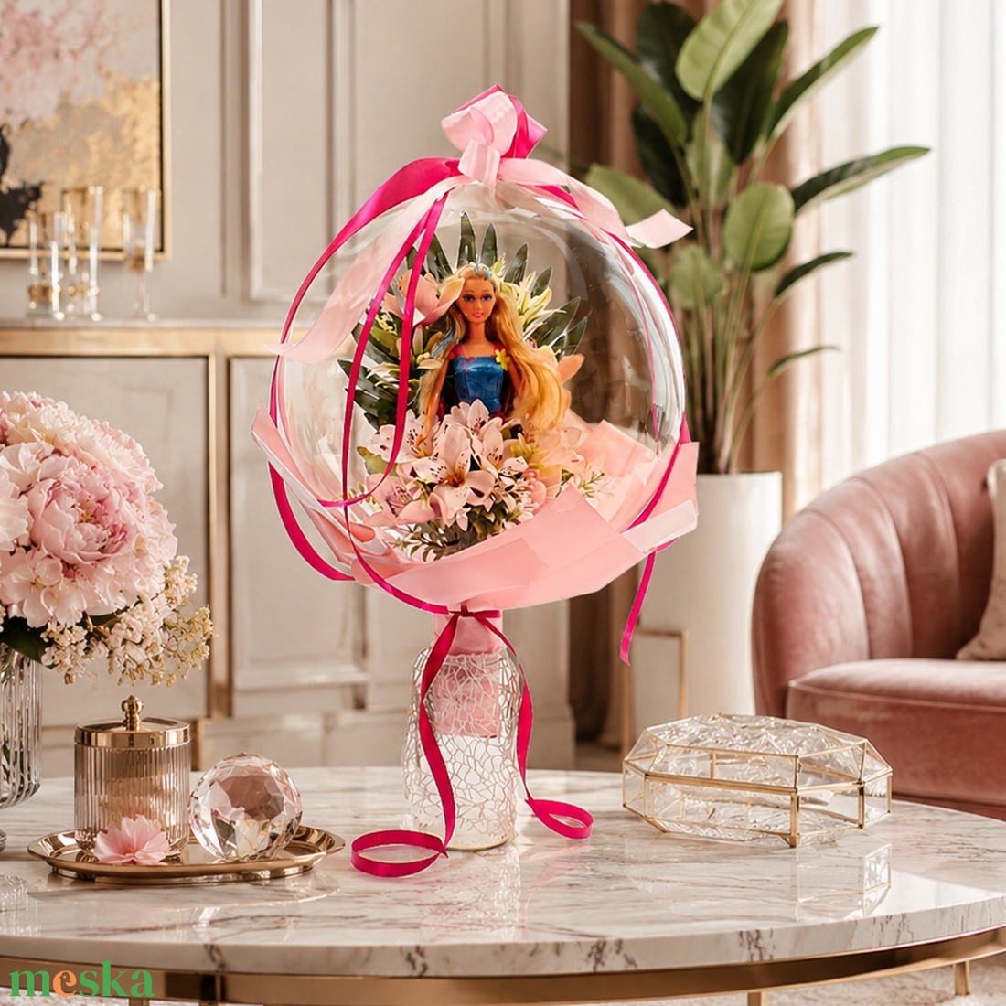 Ovis ballagási Barbie csokor lufiban ��� - otthon & életmód - virágdekoráció - virágok - virágcsokor - Meska.hu