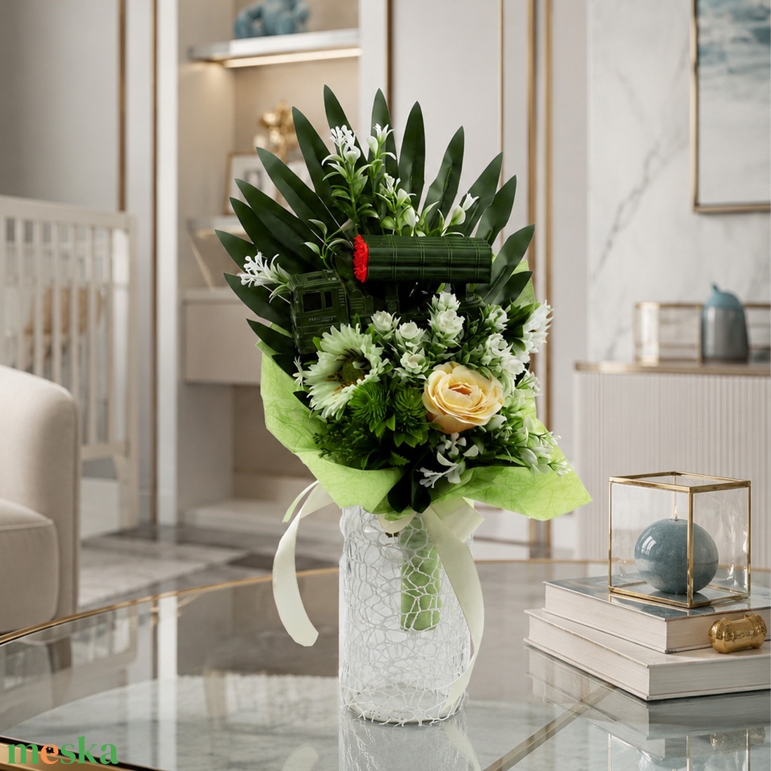 Ovis ballagási virágcsokor katonai járműves díszítéssel �� - otthon & életmód - virágdekoráció - virágok - virágcsokor - Meska.hu