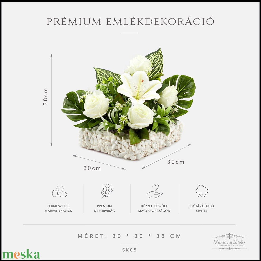 Fehér liliomos prémium sírdísz saját készítésű kavics alappal � 30�30�38 cm - otthon & életmód - vallás - temetkezési tárgy - sírdísz, kegyeleti dísz - Meska.hu