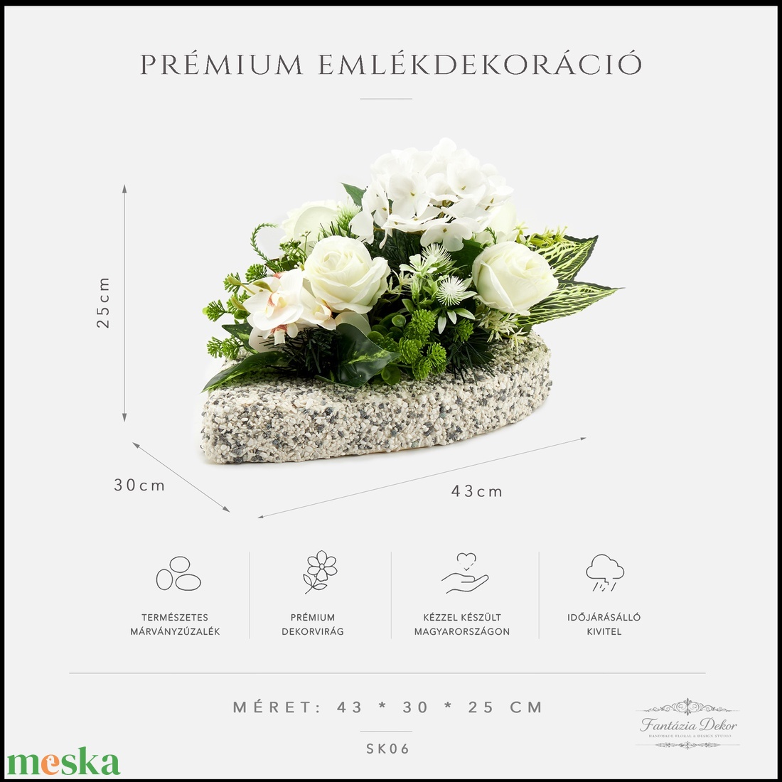 Fehér hortenziás prémium sírdísz saját készítésű kavics alappal � 43�30�25 cm - otthon & életmód - vallás - temetkezési tárgy - sírdísz, kegyeleti dísz - Meska.hu