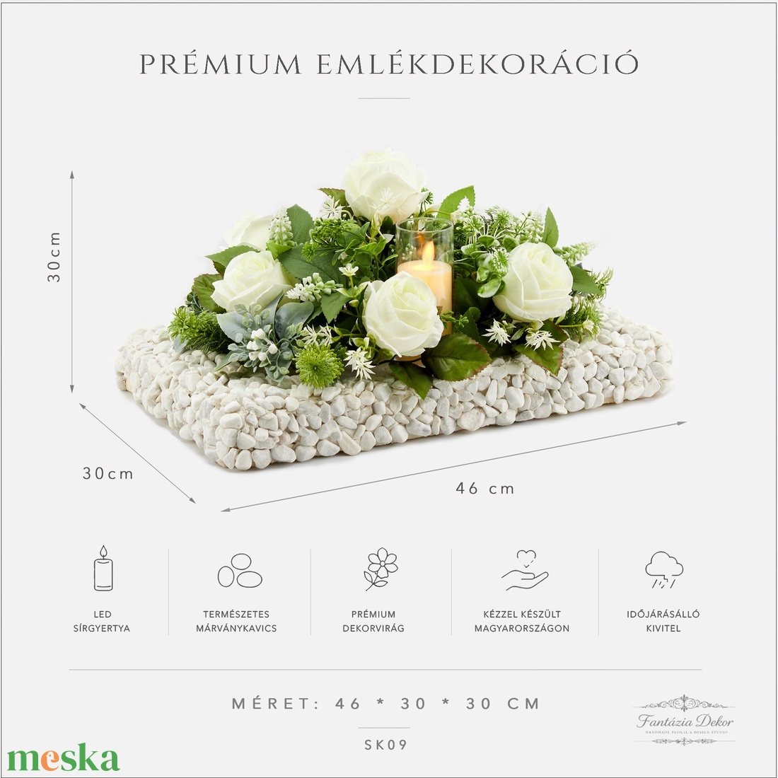 LED gyertyás prémium sírdísz saját készítésű kavics alappal � 46�30�30 cm - otthon & életmód - vallás - temetkezési tárgy - sírdísz, kegyeleti dísz - Meska.hu