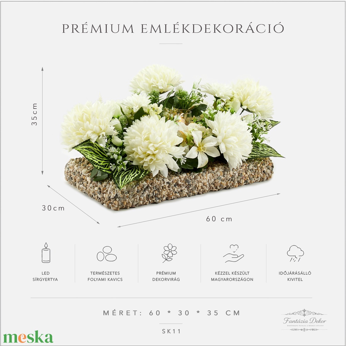 Prémium fehér sírdísz LED gyertyával � Kézzel készült kegyeleti emlékdekoráció 60�30�35 cm - otthon & életmód - vallás - temetkezési tárgy - sírdísz, kegyeleti dísz - Meska.hu
