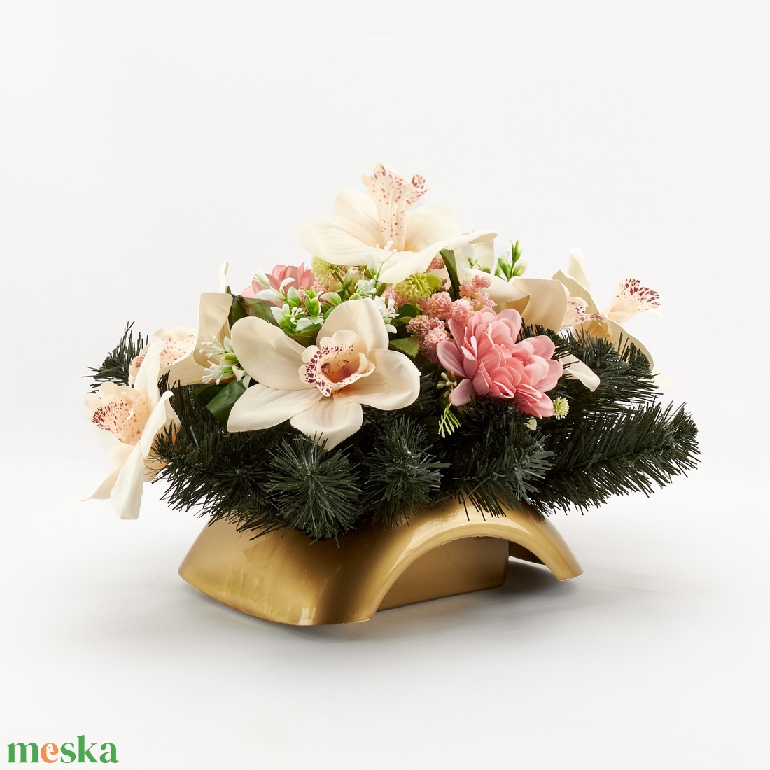 Sírdísz fehér orchideával és rózsaszín dáliával� elegáns kegyeleti dekoráció - otthon & életmód - vallás - temetkezési tárgy - sírdísz, kegyeleti dísz - Meska.hu
