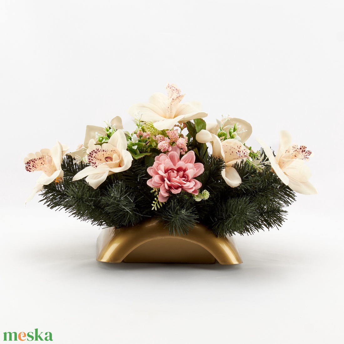 Sírdísz fehér orchideával és rózsaszín dáliával� elegáns kegyeleti dekoráció - otthon & életmód - vallás - temetkezési tárgy - sírdísz, kegyeleti dísz - Meska.hu