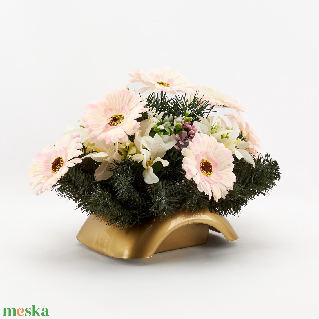 Sírdísz púder rózsaszín gerberával és fehér orchideával - otthon & életmód - vallás - temetkezési tárgy - sírdísz, kegyeleti dísz - Meska.hu
