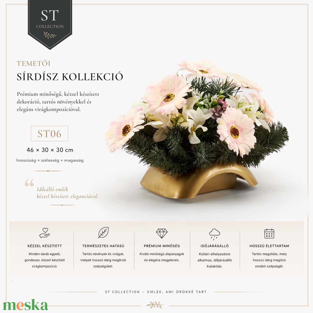 Sírdísz púder rózsaszín gerberával és fehér orchideával - otthon & életmód - vallás - temetkezési tárgy - sírdísz, kegyeleti dísz - Meska.hu