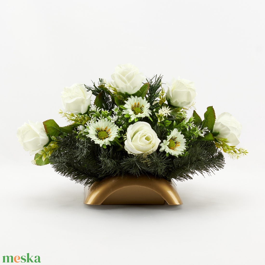 Sírdísz fehér rózsákkal és margarétákkal -Elegáns kegyeleti dekoráció  - otthon & életmód - vallás - temetkezési tárgy - sírdísz, kegyeleti dísz - Meska.hu