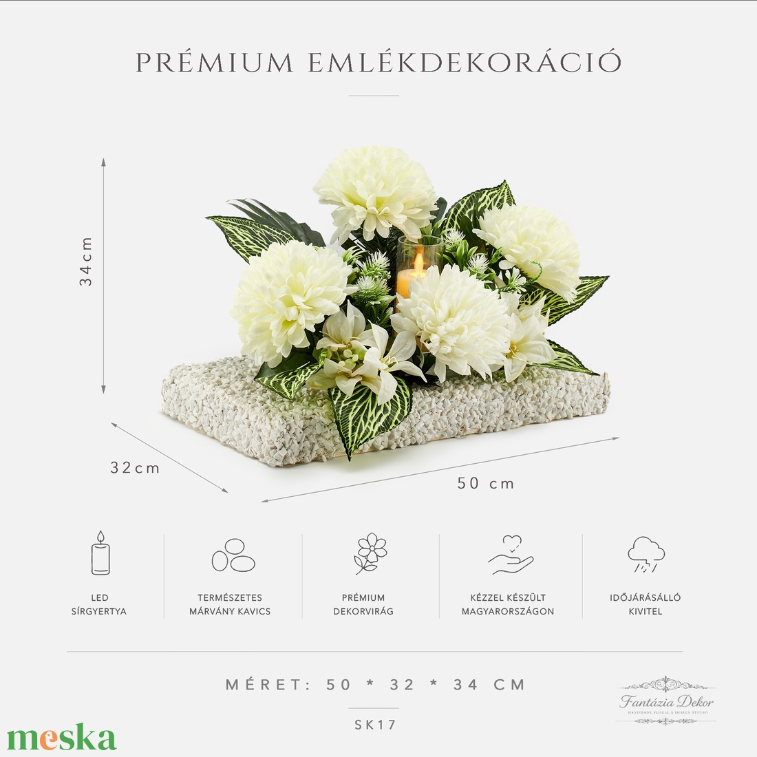 Prémium sírdísz élethű nagy krizantémokkal és LED mécsessel - otthon & életmód - vallás - temetkezési tárgy - sírdísz, kegyeleti dísz - Meska.hu