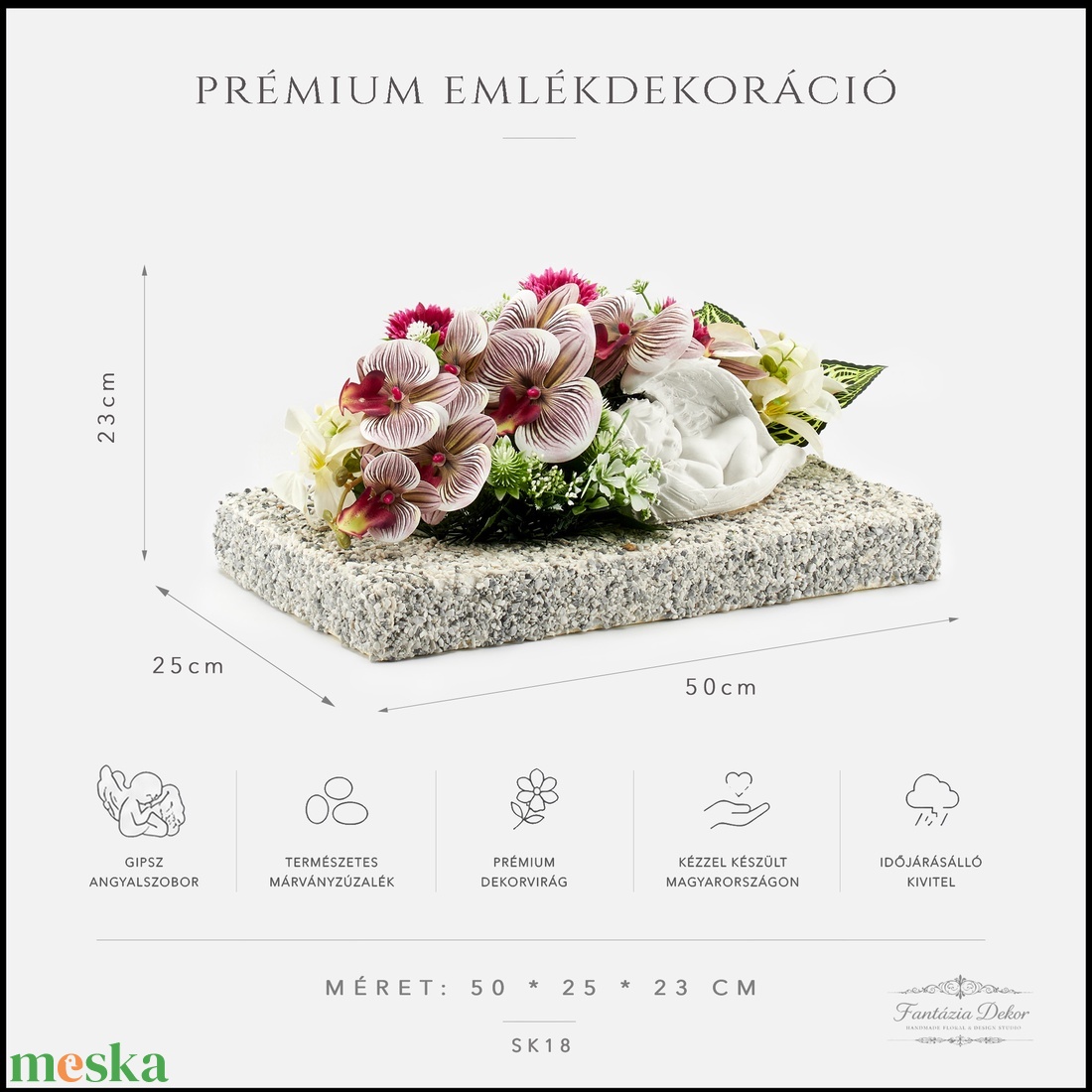 Prémium kegyeleti emlékdekoráció angyalszoborral és élethű orchideákkal - otthon & életmód - vallás - temetkezési tárgy - sírdísz, kegyeleti dísz - Meska.hu