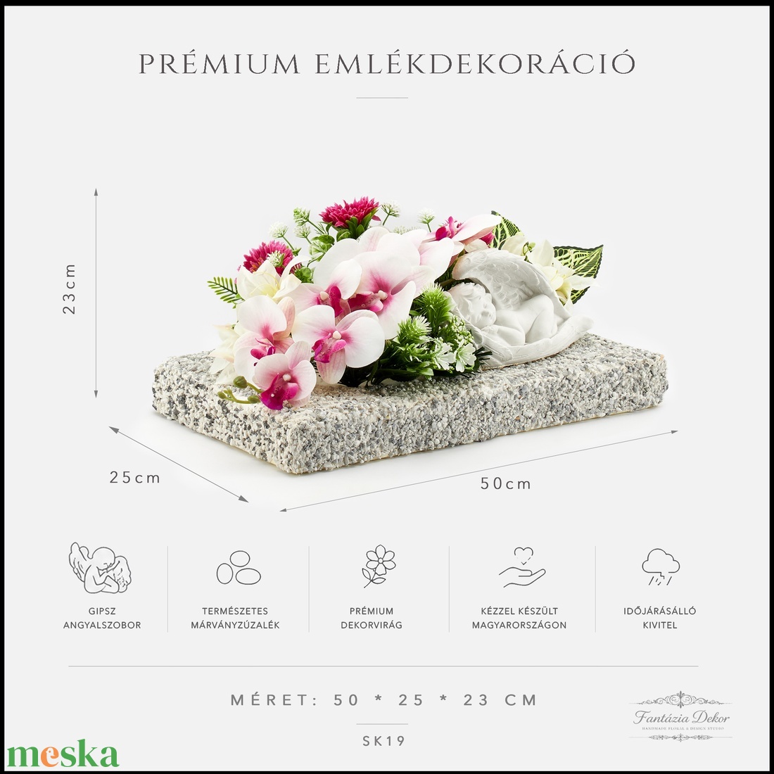 Prémium kegyeleti emlékdekoráció angyalszoborral és élethű orchideákkal - otthon & életmód - vallás - temetkezési tárgy - sírdísz, kegyeleti dísz - Meska.hu