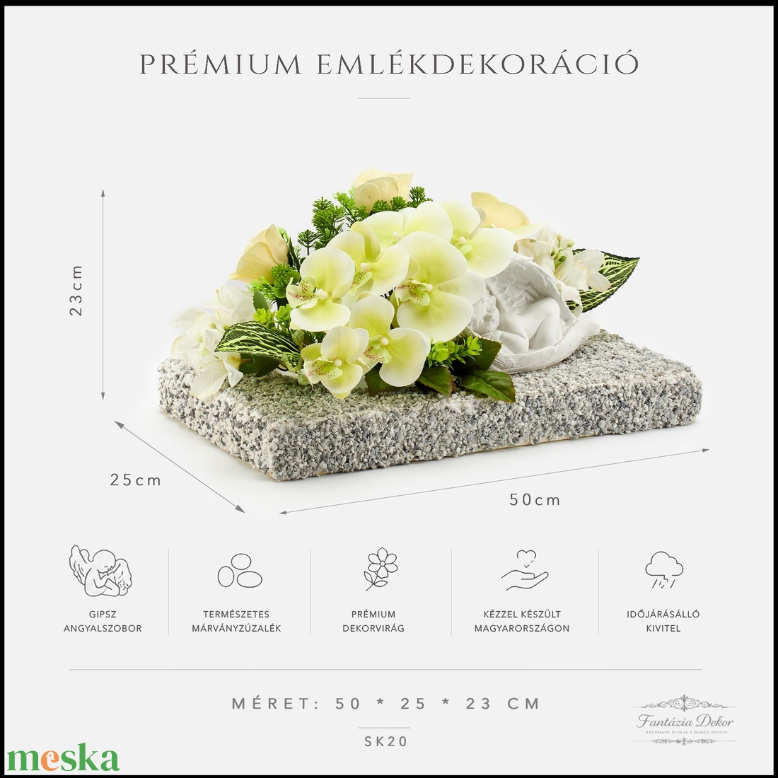 Prémium kegyeleti emlékdekoráció angyalszoborral és élethű orchideákkal - otthon & életmód - vallás - temetkezési tárgy - sírdísz, kegyeleti dísz - Meska.hu