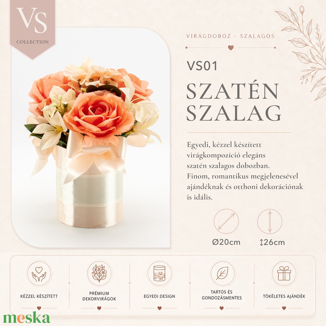 VS01 Szatén szalag virágdoboz � barack színű rózsakompozíció - otthon & életmód - virágdekoráció - virágok - virágbox - Meska.hu