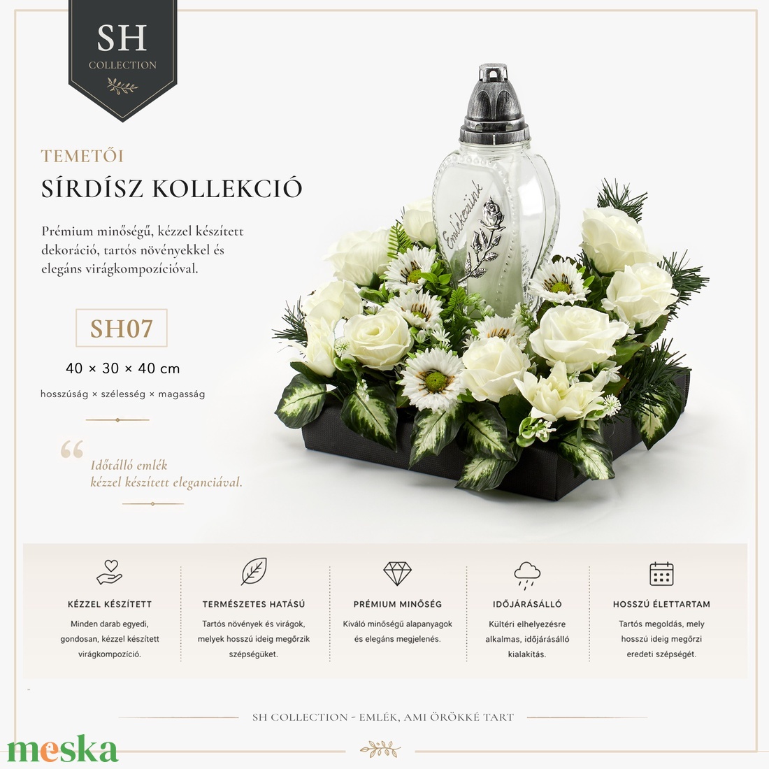 Elegáns, fehér rózsás sírdísz mécsessel - otthon & életmód - vallás - temetkezési tárgy - sírdísz, kegyeleti dísz - Meska.hu
