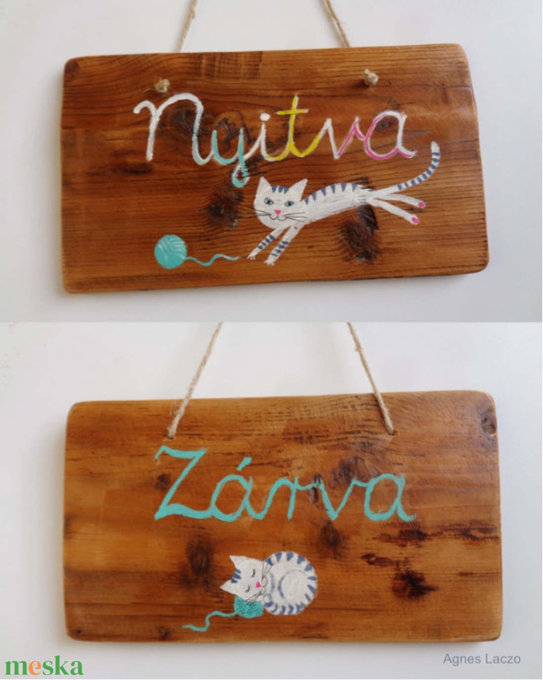Nyitva - Zárva tábla, Rusztikus Fa Tábla, Ajándék ötlet - Cica, Cirmos, Macska, Egyedi Ajtódísz - otthon & életmód - dekoráció - ajtó- és ablak dekoráció - ajtótábla - Meska.hu