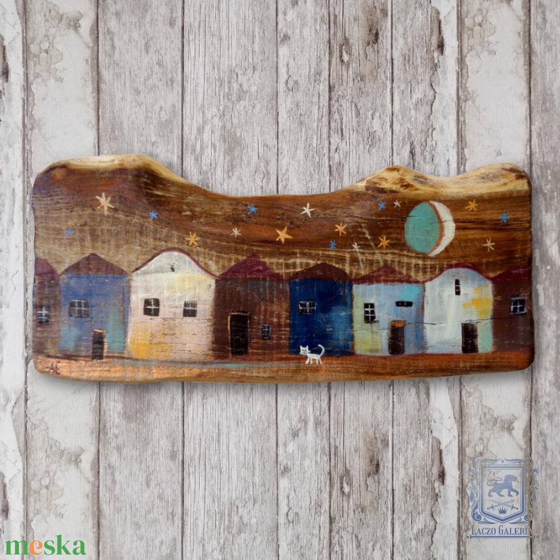 Holdvilág- Rusztikus Fatábla, Ajándék ötlet - Egyedi Falidísz - Gyerekszoba - Mese, Város, Cica, Macska, Hold - otthon & életmód - dekoráció - dísztárgy - Meska.hu