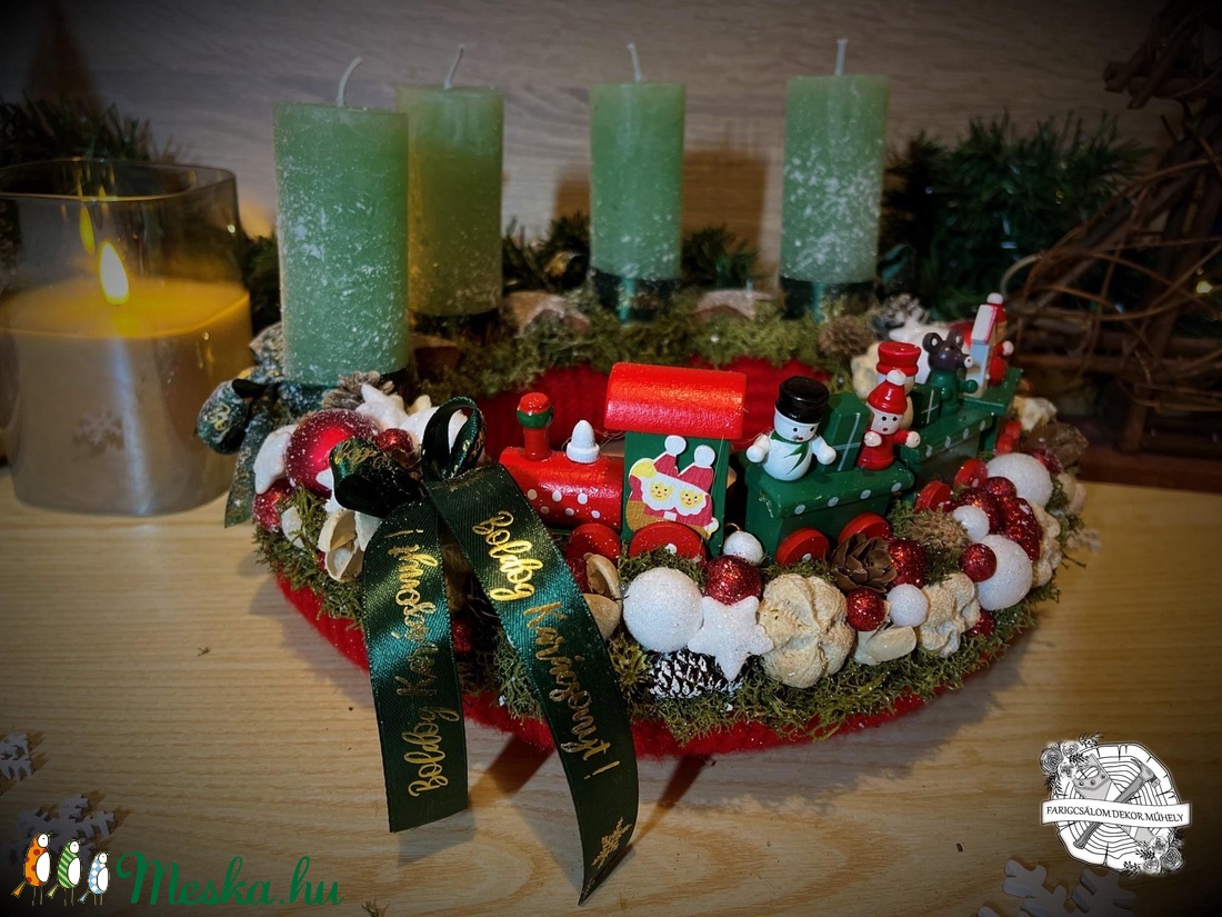 Kötött alapú kisvonatos adventi koszorú  - karácsony - adventi díszek - adventi koszorú - Meska.hu