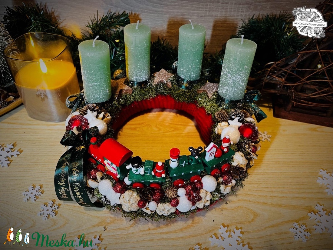 Kötött alapú kisvonatos adventi koszorú  - karácsony - adventi díszek - adventi koszorú - Meska.hu