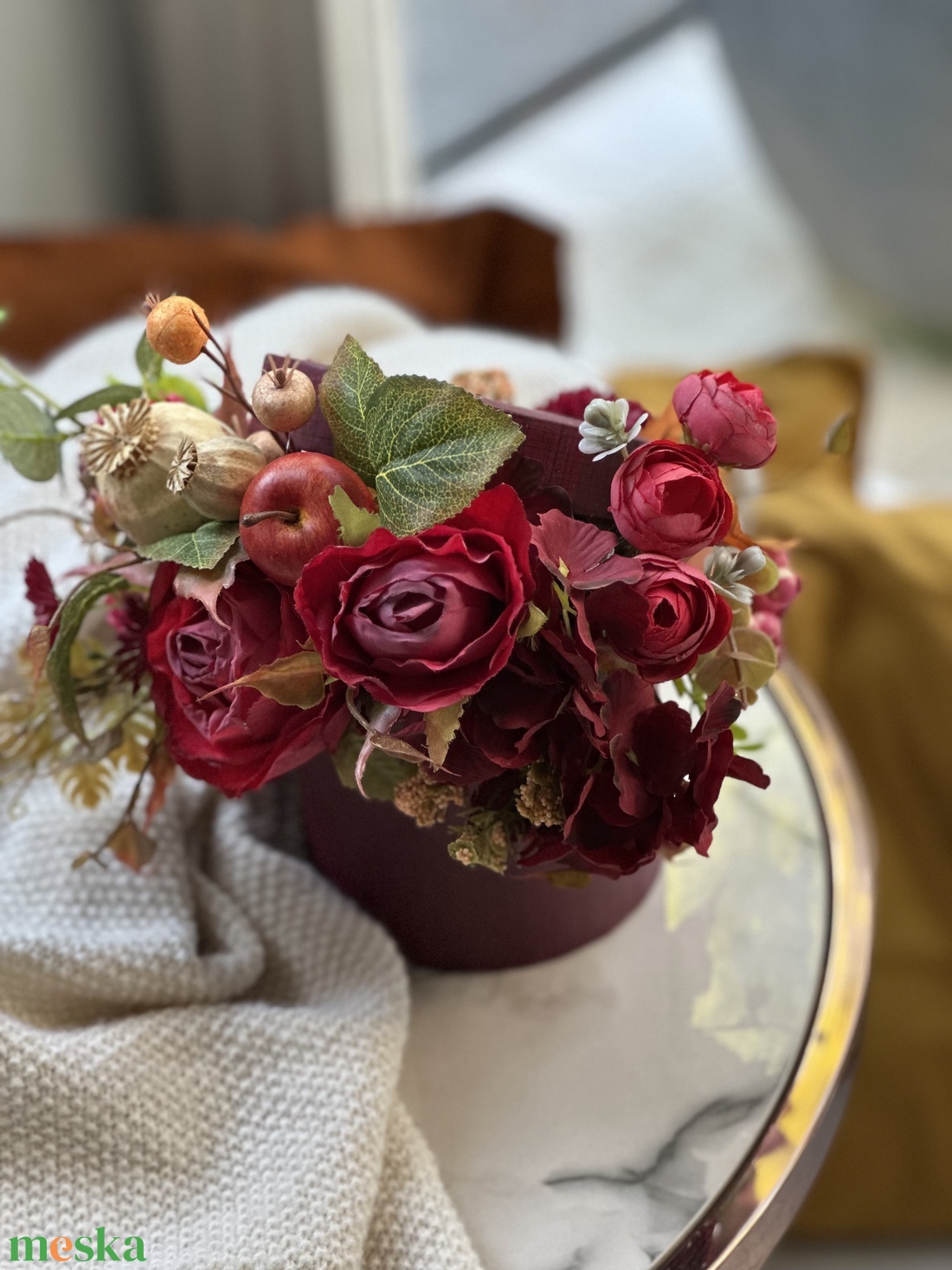 Őszi hangulat selyemvirág box-mákgubóval és almával - otthon & életmód - dekoráció - asztal és polc dekoráció - asztaldísz - Meska.hu