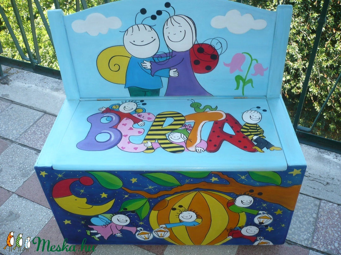  2in1 Kézzel festett játéktároló/pad -  - Meska.hu