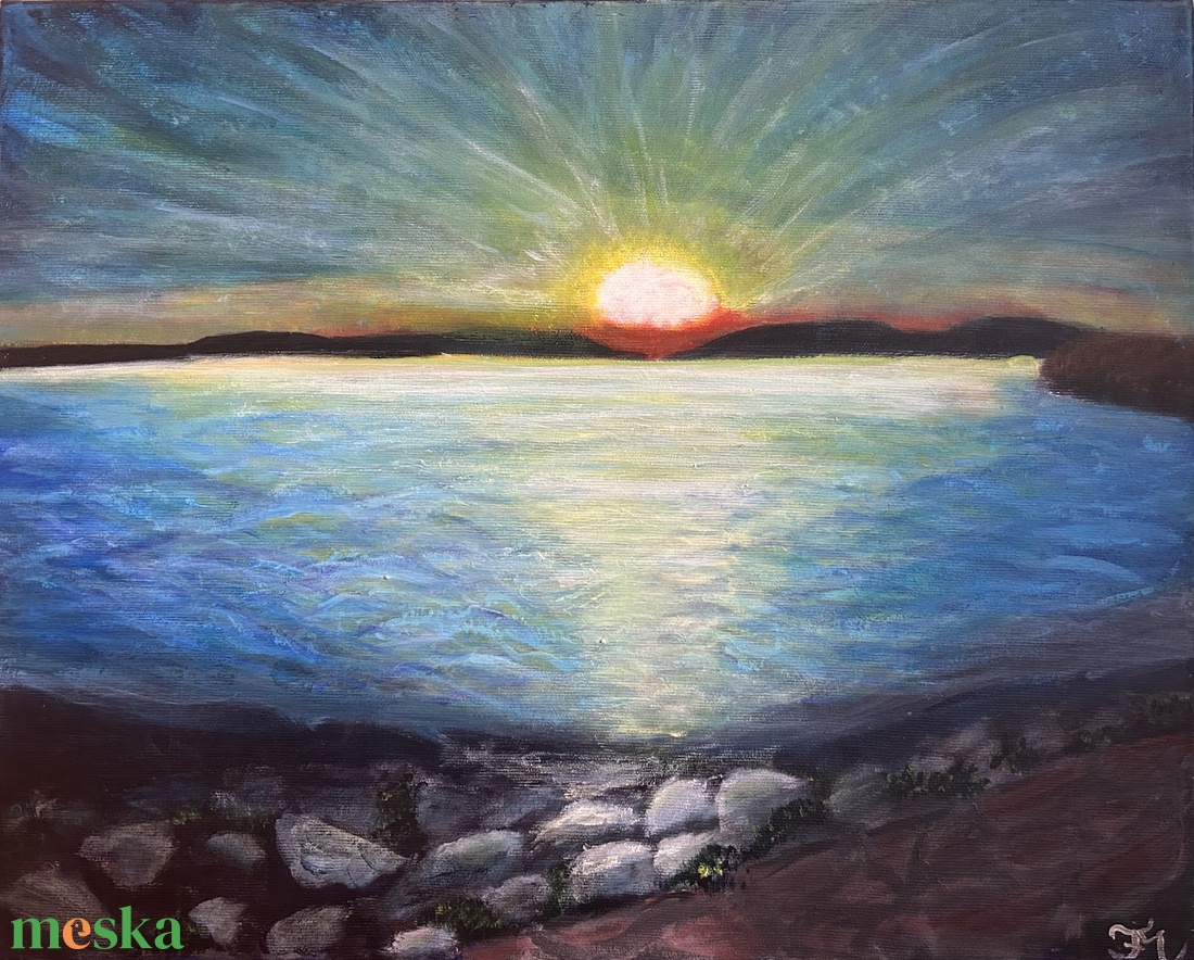Naplemente a Balatonon c. akril festmény  - művészet - festmény - akril - Meska.hu
