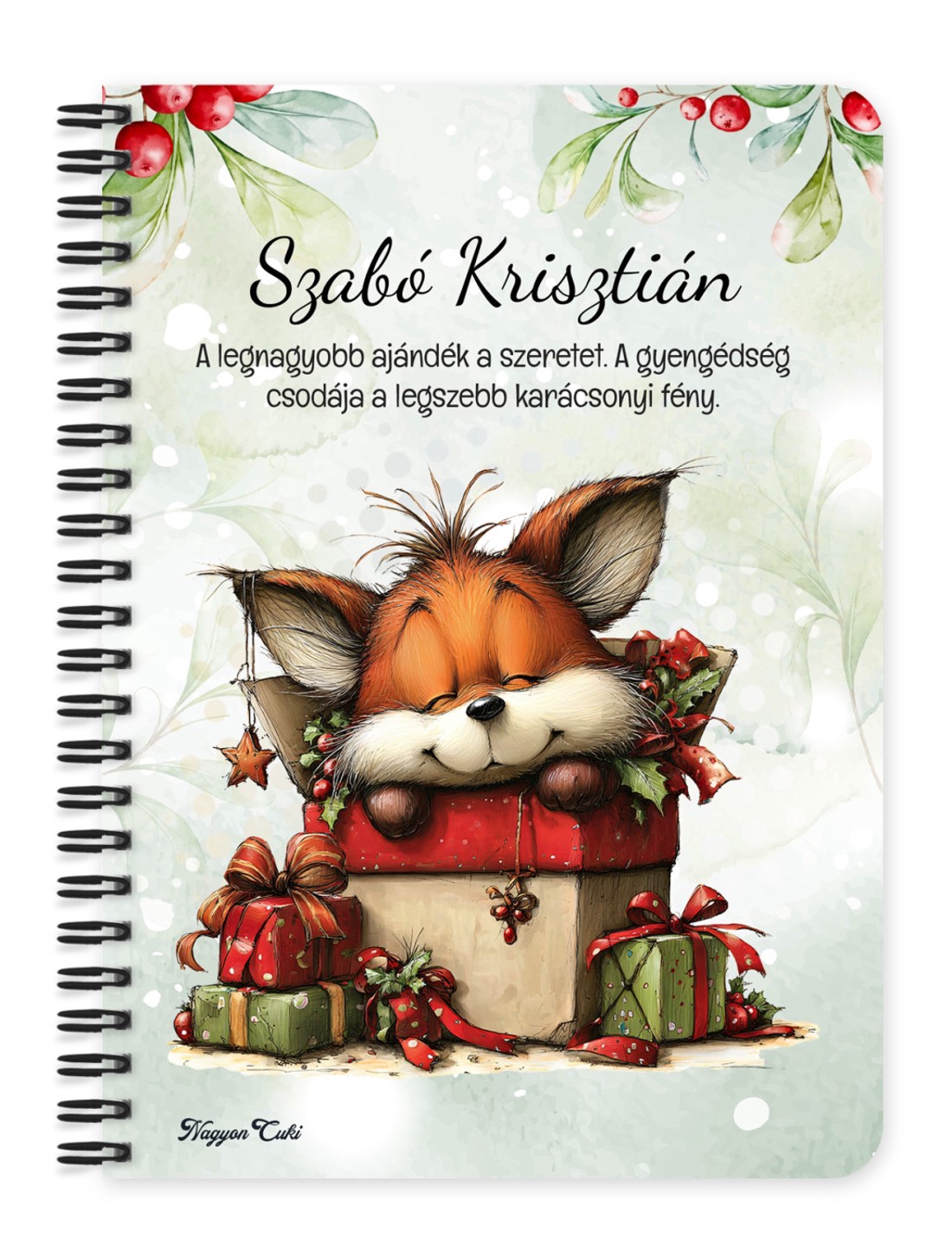 Személyre szabható - Cuki karácsonyi róka és az ajándékok mintás A5-ös füzet - otthon & életmód - papír, írószer - jegyzetfüzet & napló - Meska.hu