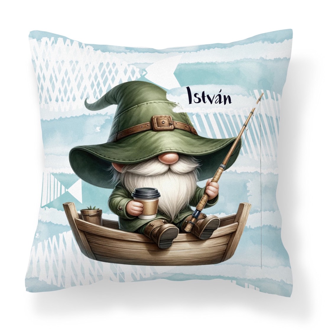 Névvel kérhető - Csónakos horgász manó és kávé mintás párna - otthon & életmód - lakástextil - párna & párnahuzat - díszpárna (belsővel együtt) - Meska.hu